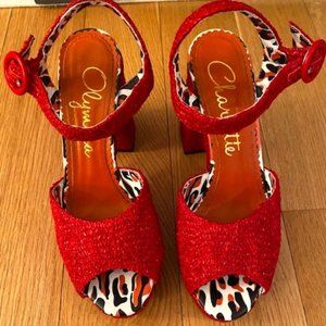 Charlotte Olympia Raffia Red Platform Sandal 38 Retail $595